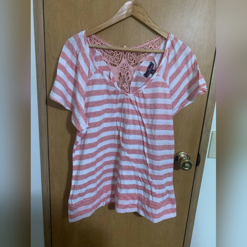 Almost Famous Pink and White Embellished Short Sleeve Blouse